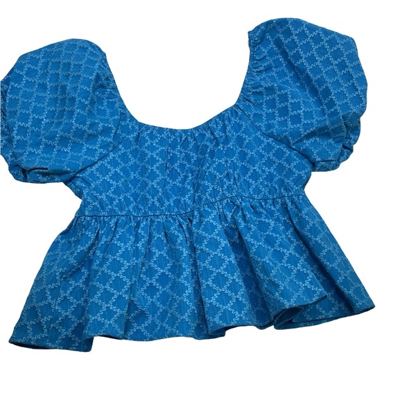 NWT Day + Moon Blue Puff Sleeve Peplum Crop Top - Picture 2 of 8